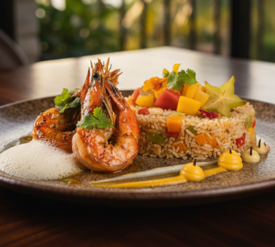 Plat de cuisine fusion, recette mauricienne revisitée aux épices de l’île Maurice