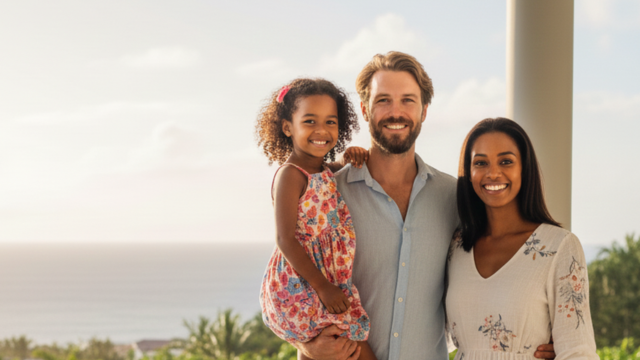 Famille franco-mauricienne avec une petite fille, illustration des enfants binationaux et des passeports multiples