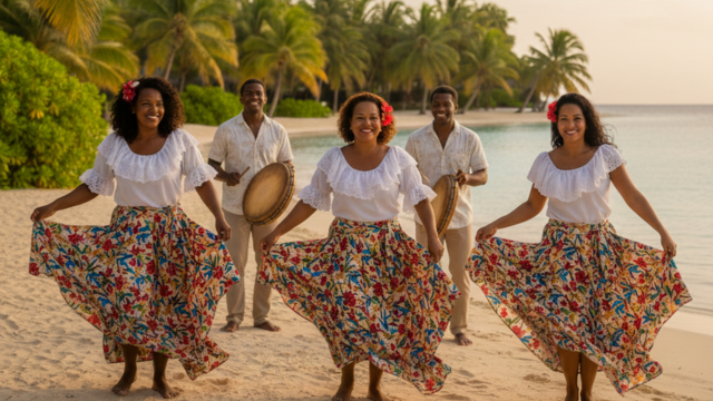 Trois danseuses et deux musiciens de séga sur une plage à l’île Maurice