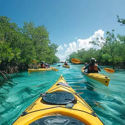 Kayak dans la mangrove à l’île Maurice entre palétuviers et eaux calmes