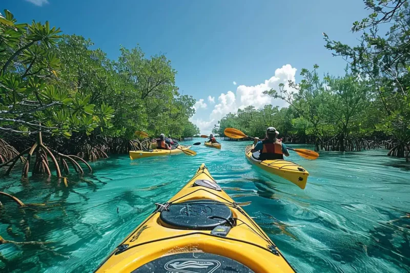 Kayak dans la mangrove à l’île Maurice entre palétuviers et eaux calmes
