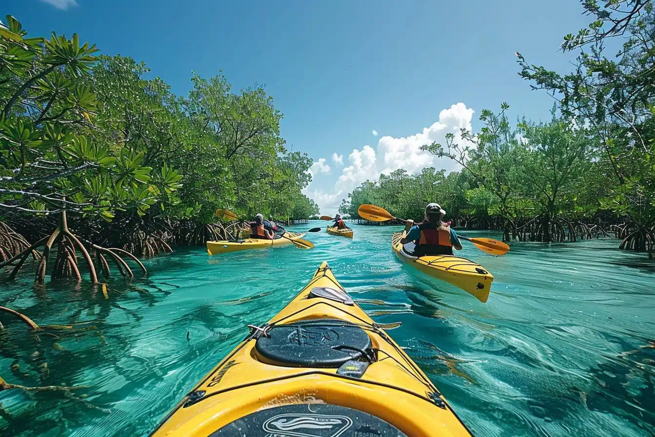 Kayak dans la mangrove à l’île Maurice entre palétuviers et eaux calmes